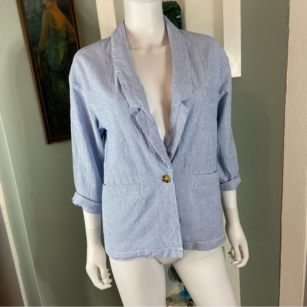 Forever 21 Seersucker Light Blue Pinstripe Blazer Jacket Small S Cotton